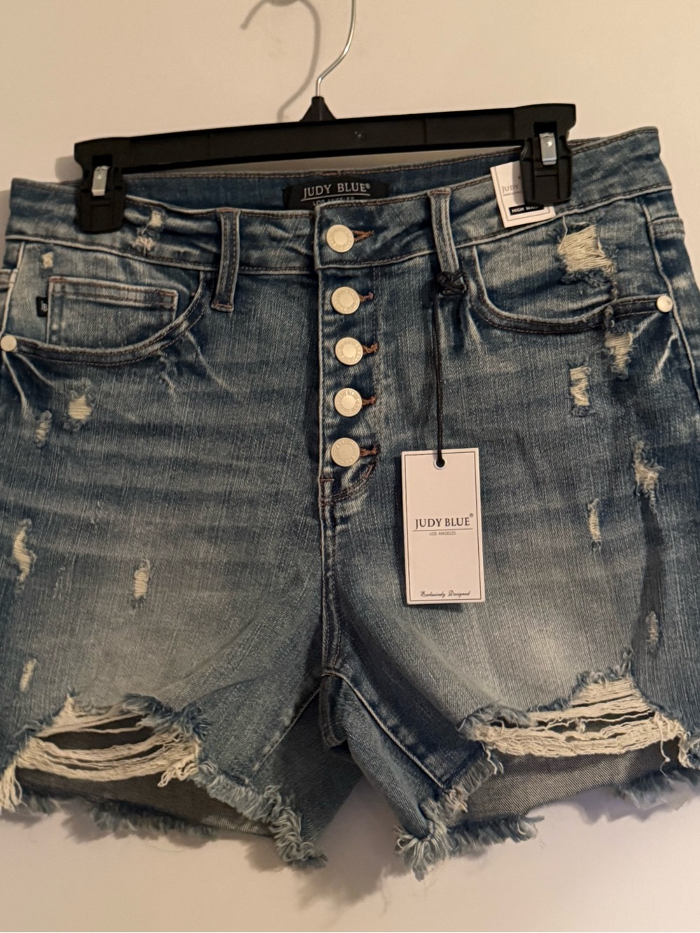 Judy Blue Light Blue Distressed High-Rise Button-Fly Denim Shorts